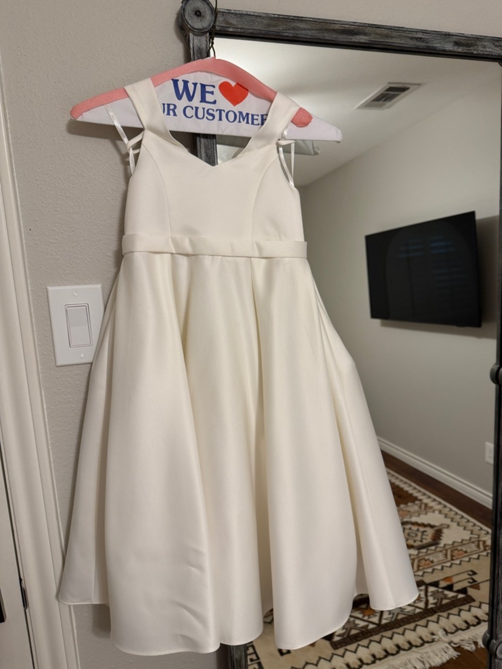 Girls' Ivory Satin A-Line Formal Dress with V-Neck